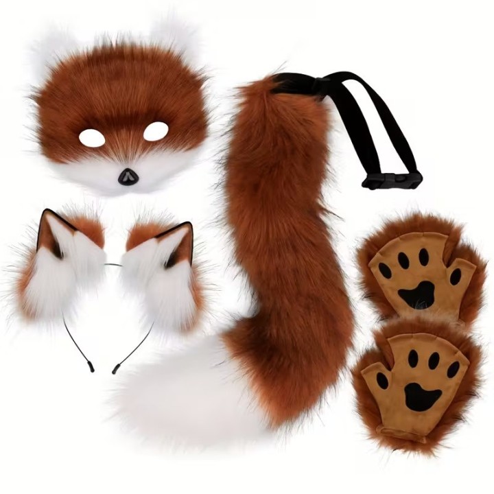 Kit Furry Raposa Banco e Castanho Avermelhado – Máscara, Orelhas, Cauda e Patas
