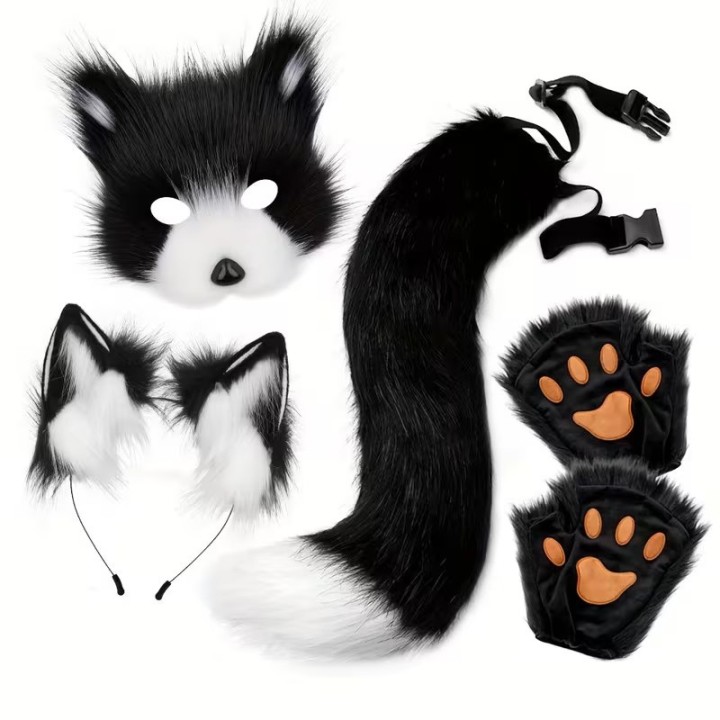 Kit Furry Raposa Preto e Branco – Máscara, Orelhas, Cauda e Patas