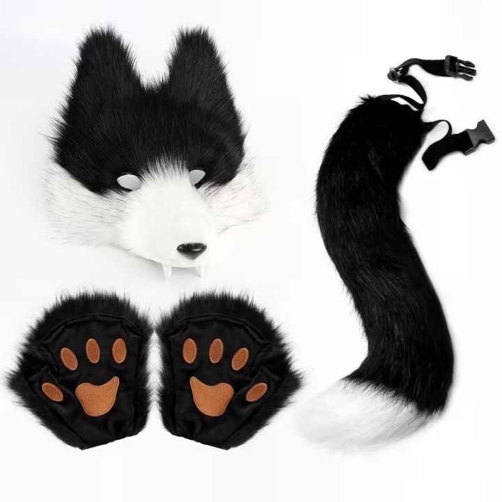 Kit Furry Lobo Preto e Branco – Máscara, Cauda e Patas