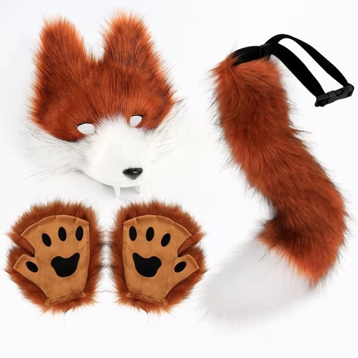 Kit Furry Lobo Branco e Avermelhado – Máscara, Cauda e Patas