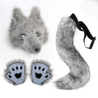 Kit Furry Lobo Grisalho – Máscara, Cauda e Patas