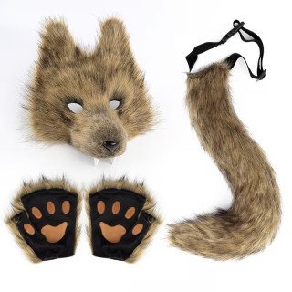 Kit Furry Lobo Beje – Máscara, Cauda e Patas