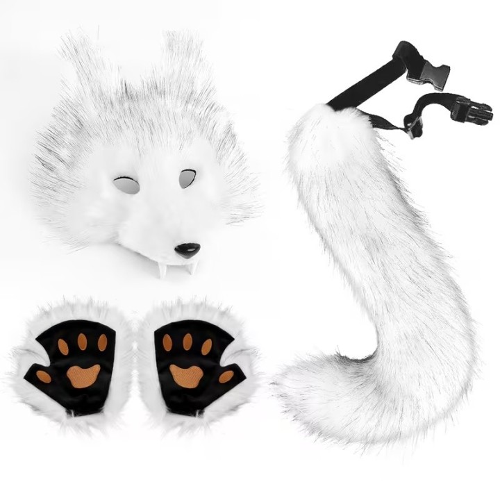Kit Furry Lobo Branco– Máscara, Cauda e Patas