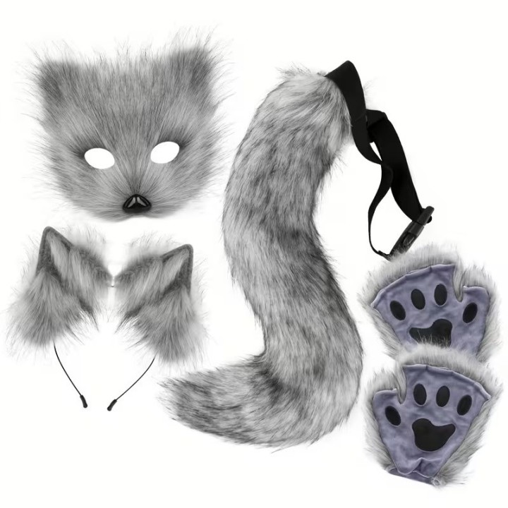 Kit Furry Raposa Grisalho – Máscara, Orelhas, Cauda e Patas