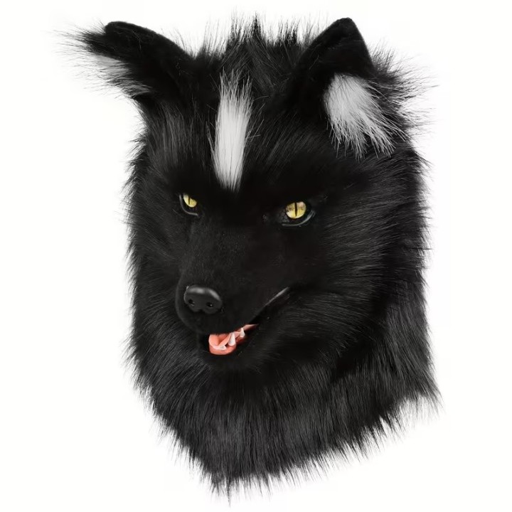 Máscara Furry Realista – Cabeça de Lobo Preto c/ Mancha Branca