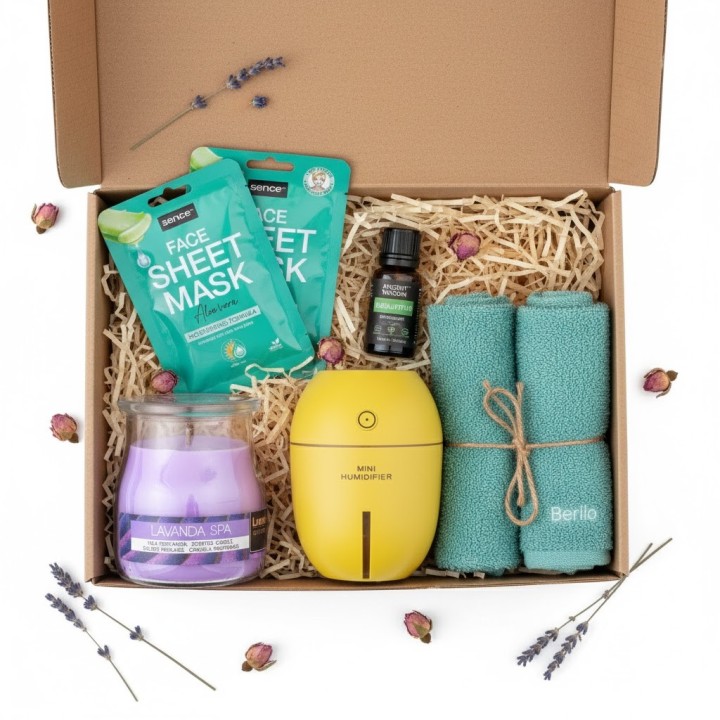 caixa,spa,a,dois,com,vela,lavanda,mascaras,faciais,difusor,oleo,essencial,e,toalhas,relax