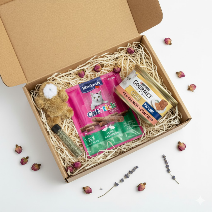 caixa miau alegre mini, snack gato stick mini pato coelho, brinquedo gato urso catnip, comida humida mousse salmao