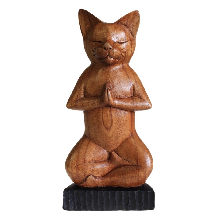 gato ioga esculpido à mão, escultura de gato em madeira, posição de lótus, amuleto decorativo zen