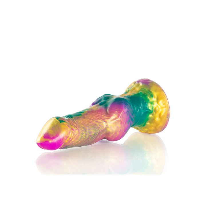 dildo fantasia Íris, silicone premium, espessura progressiva, testículos realistas